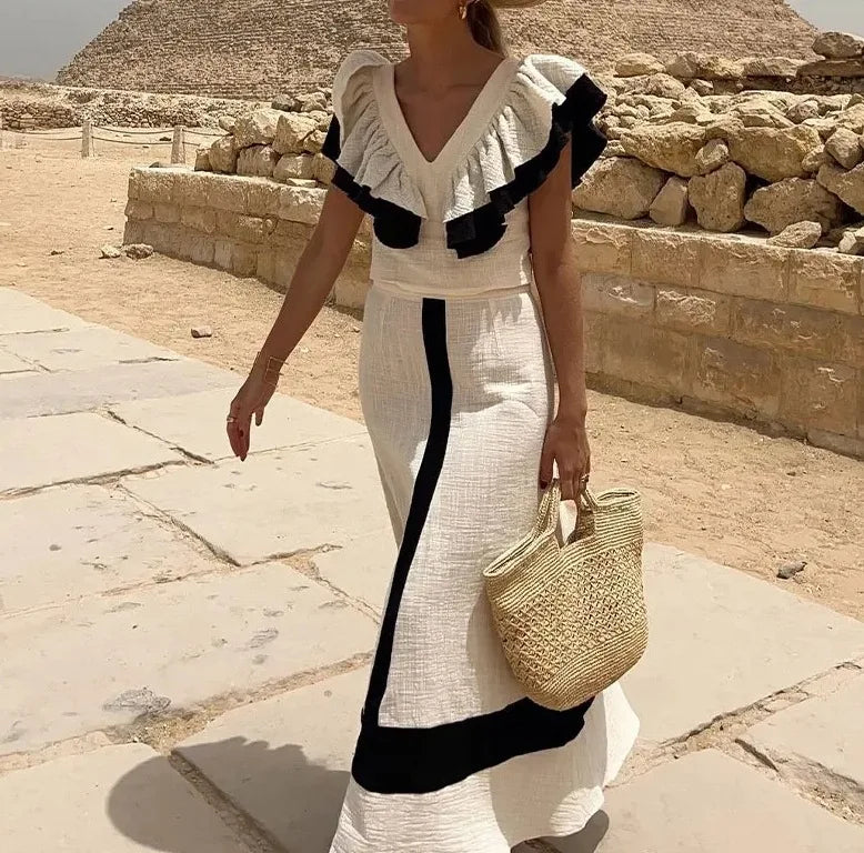 Elegantes Conjuntos de Falda para Mujer Cuello de Pico Manga Volante Top Contraste Falda de Cintura Alta Femenina Conjunto de 2 Piezas Vacaciones 2024 Traje de Falda sin Mangas