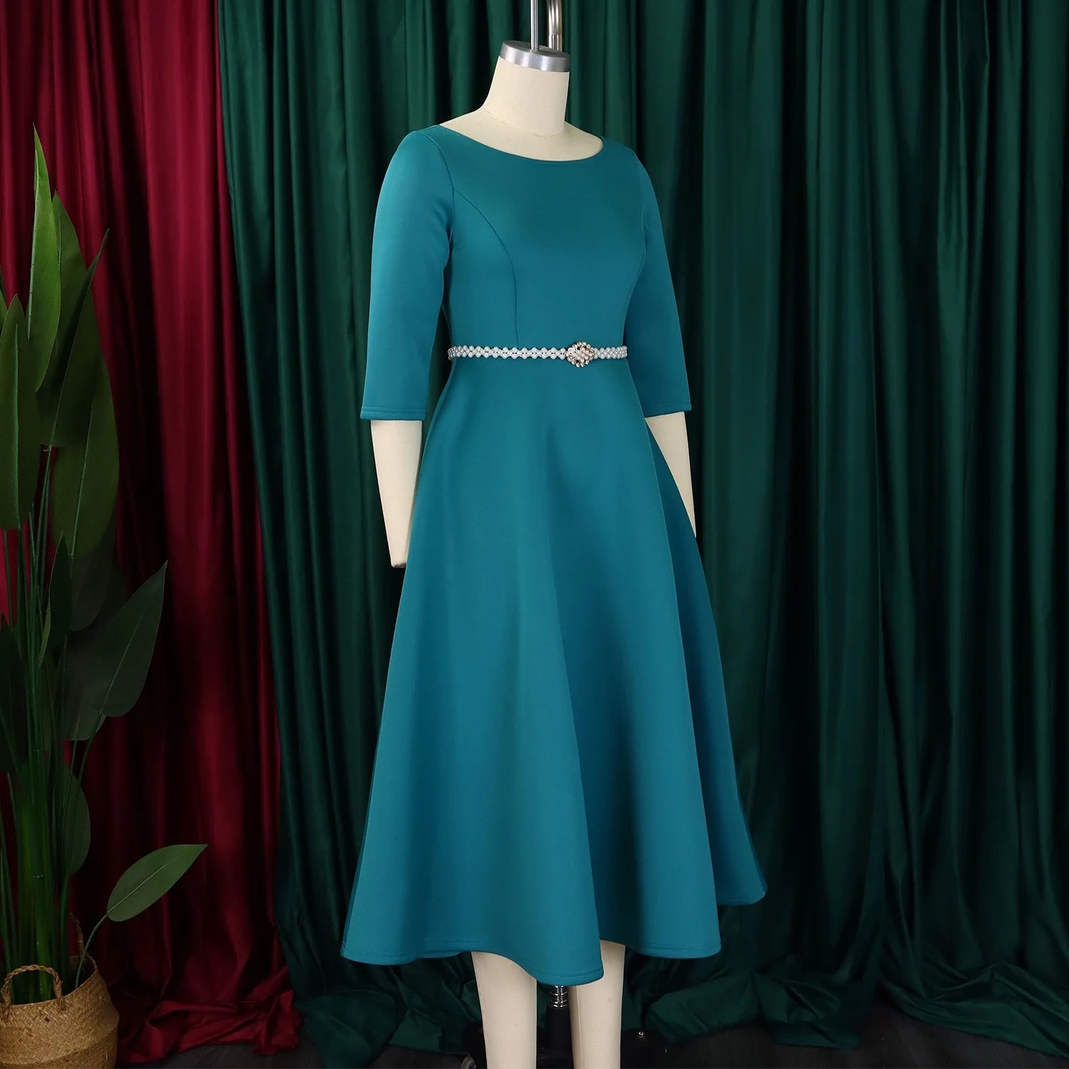 Vestidos de lujo para mujer, cuello redondo, manga larga, con cinturón en la cintura, cintura alta, plisados, línea A, hasta el tobillo, elegantes vestidos de cumpleaños para mujer
