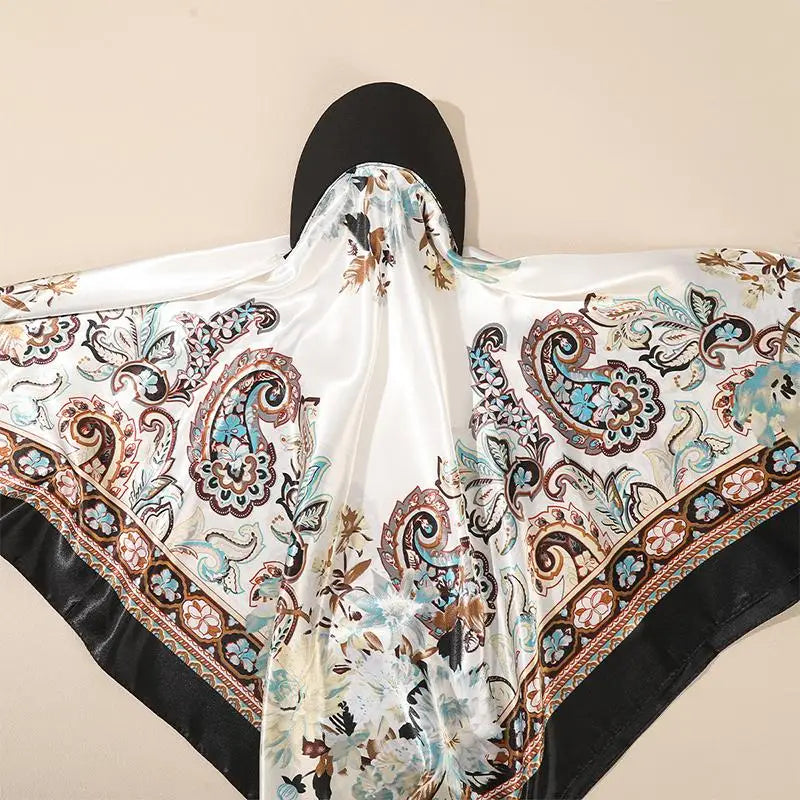 Fashion Satin Silk Headscarf Hat with Brim 2-in-1 Square Scarf Cap Printed Elegant Turban Wrap