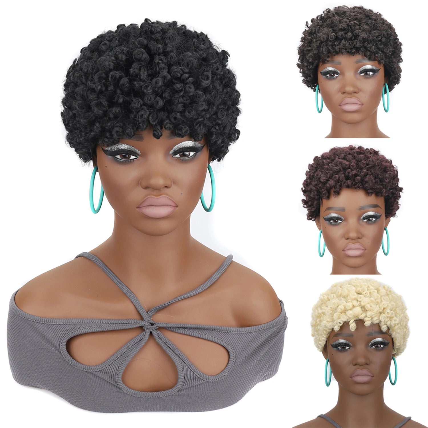 Short Mini Afro Kinky Curly Wigs Synthetic Tiny Spring Curl Pixie Wig with Bangs for Black Women Daily Cosplay