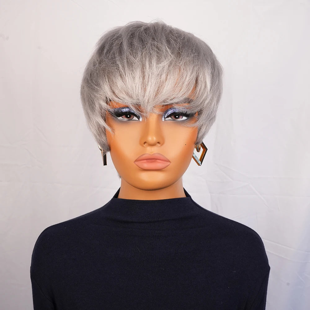 Pixie Cut Human Hair Wig Short Grey Layered Pixie Cut Curly Wigs With Bangs Natural Brazilian Human Hair Full Machine Made Wig