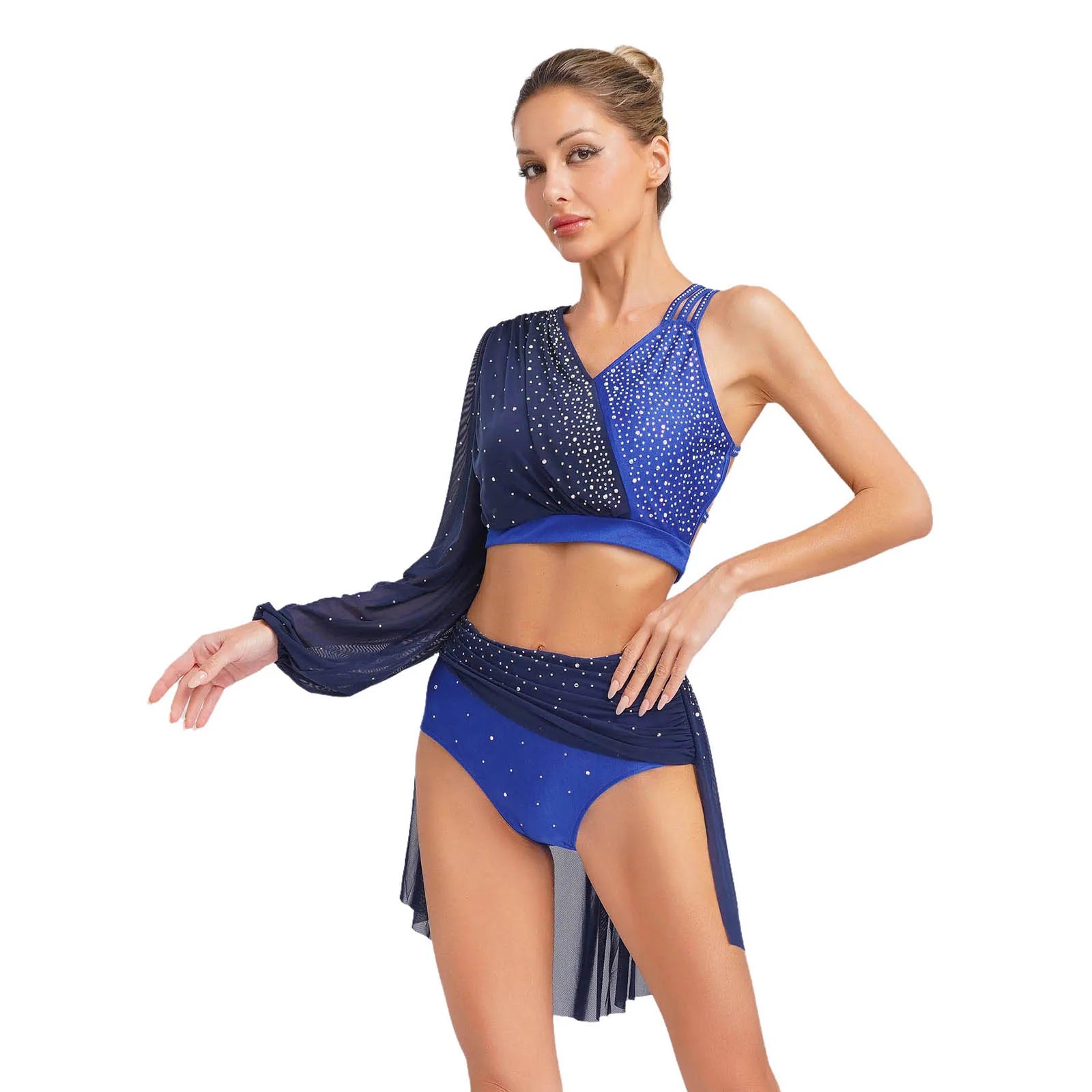 Modern Ballet Dance Set for Women Mesh Top with Skirted Briefs 2 Piece Lyrical Outfits Ballerina Girls Stage Performance Costume