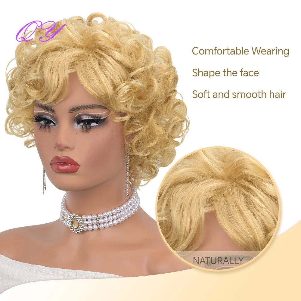 Synthetic women's gold wig with bangs, elegant and naturally curly, adjustable and high-quality fluffy wig for daily or holiday