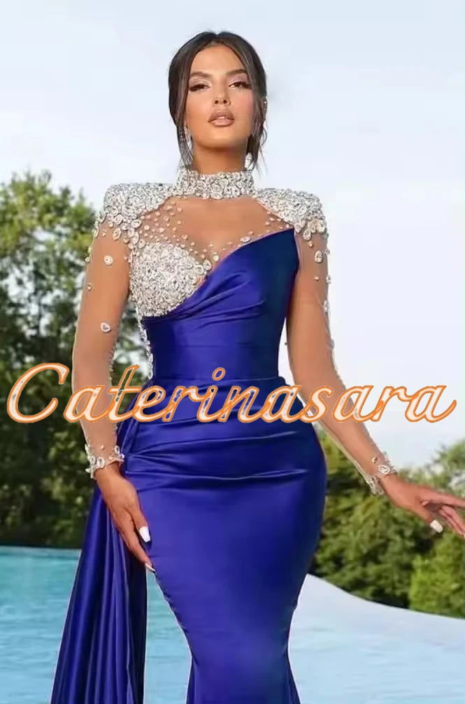 Vestidos de Noche de Lujo de Cuello Alto para Mujer, Sirena, 2024, Mangas Largas Transparentes, Vestidos de Fiesta de Boda, Graduación