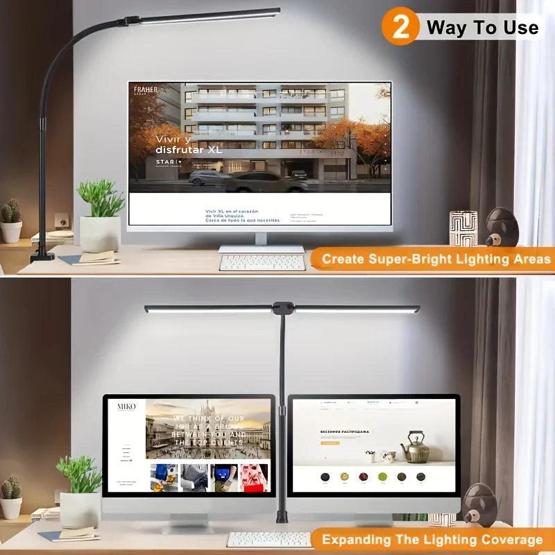 Lámpara de Escritorio LED de Uno o Dos Cabezales con Atenuación Continua, 3 Colores, Cuidado Ocular para el Hogar, Oficina, Luz de Lectura, Lámpara Flexible Ajustable