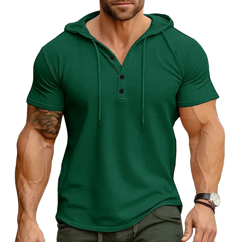 Men's Short-sleeved T-shirts for Sports and Fitness American-style Henley Shirt Hooded Top