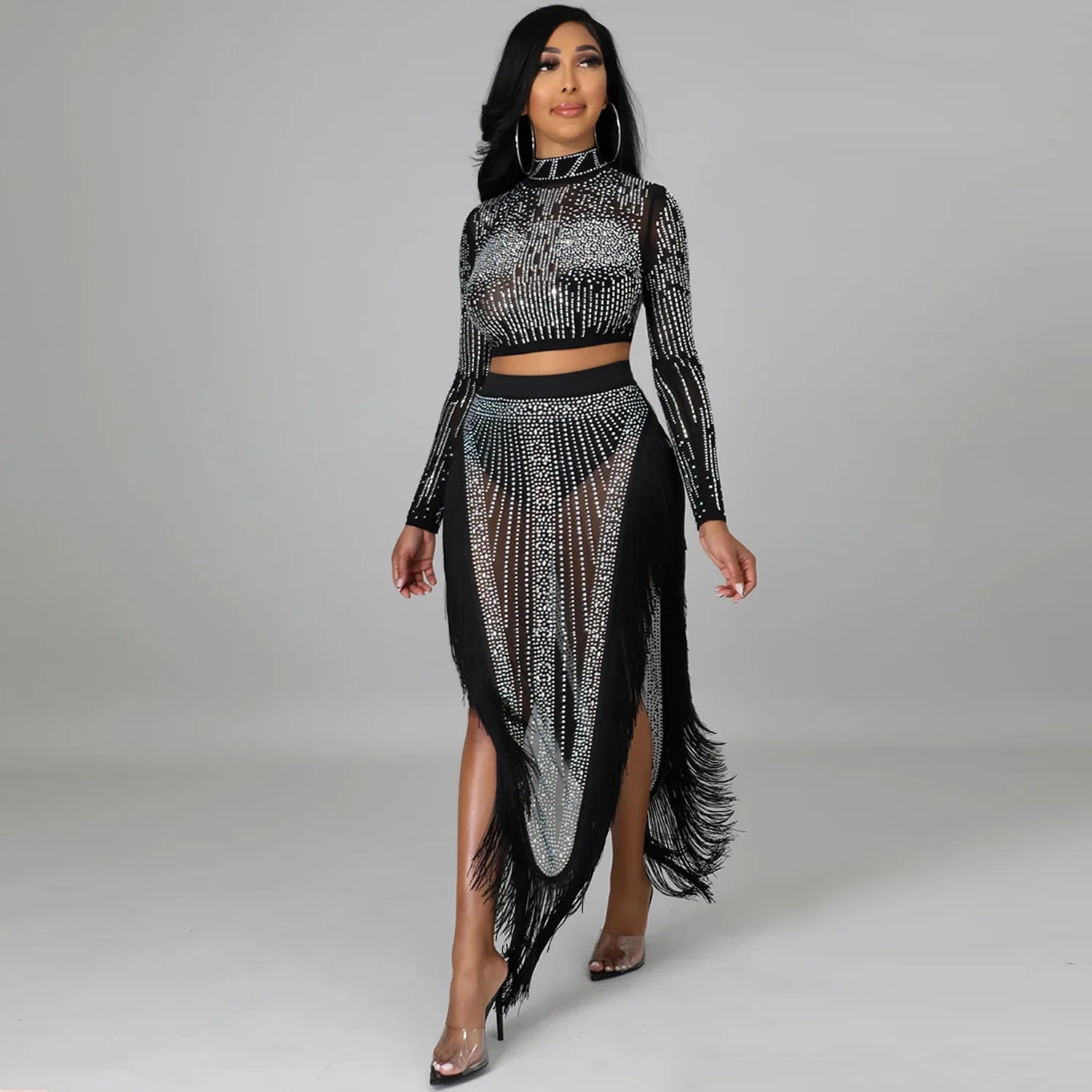 Skirt Set Women Two Piece Sets Dress Sets Mock Neck Matching Set Diamond Short Tops Party High Waist Long Skirts Sexy Hot Tassel
