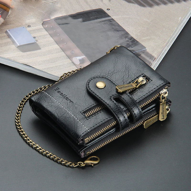 Billetera de lujo de piel sintética para hombre - Tarjetero con diseño de cadena corta, Monedero retro clásico (marca de alta calidad)