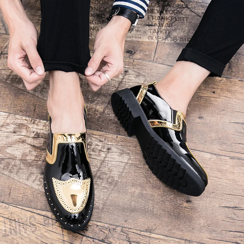 Zapatos Formales de Hombre de Moda, Mocasines Ligeros para Exteriores, Zapatos de Cuero con Suela Gruesa Resistentes al Desgaste, Negro, Dorado y Plateado, Tallas 38-48