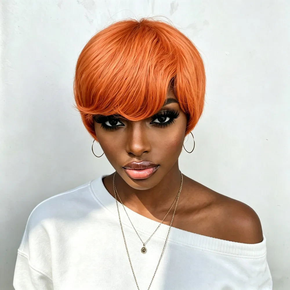 orange color pixie wig short machine made 6Inch 150% Density Women'S Chic Retro short straight Pixie Cut human human hair Wig