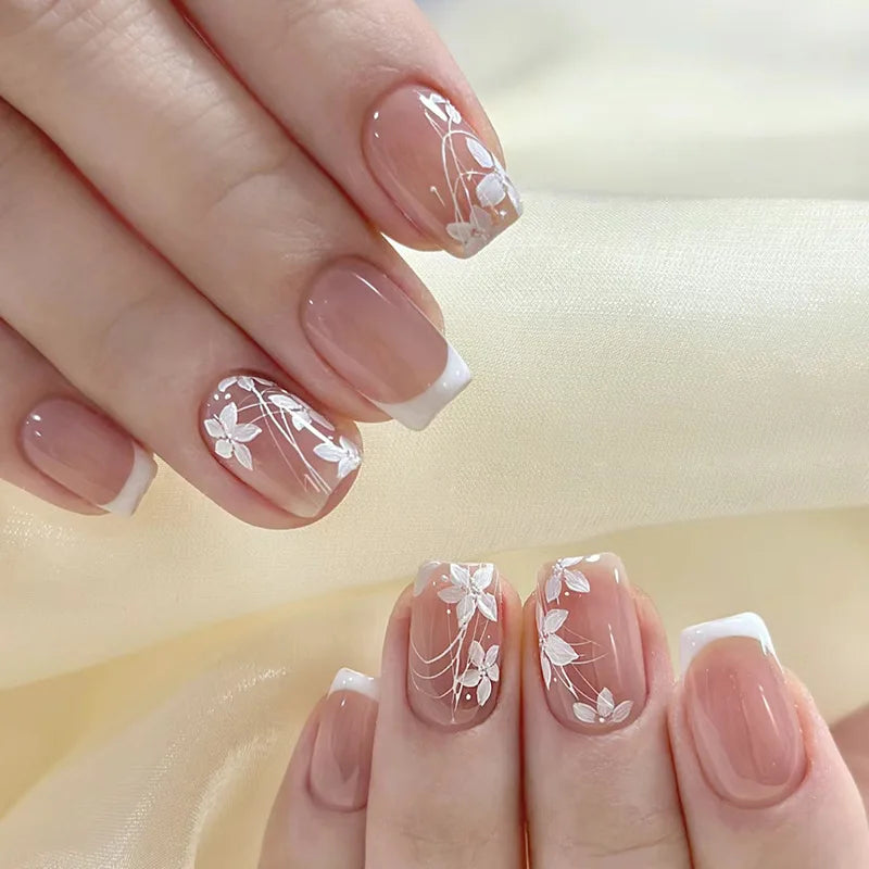 24 Uds uñas postizas de degradado blanco, cortas, cuadradas, bailarina, sencillas, de presión, usables, de color nude, puntas de manicura de cubierta completa