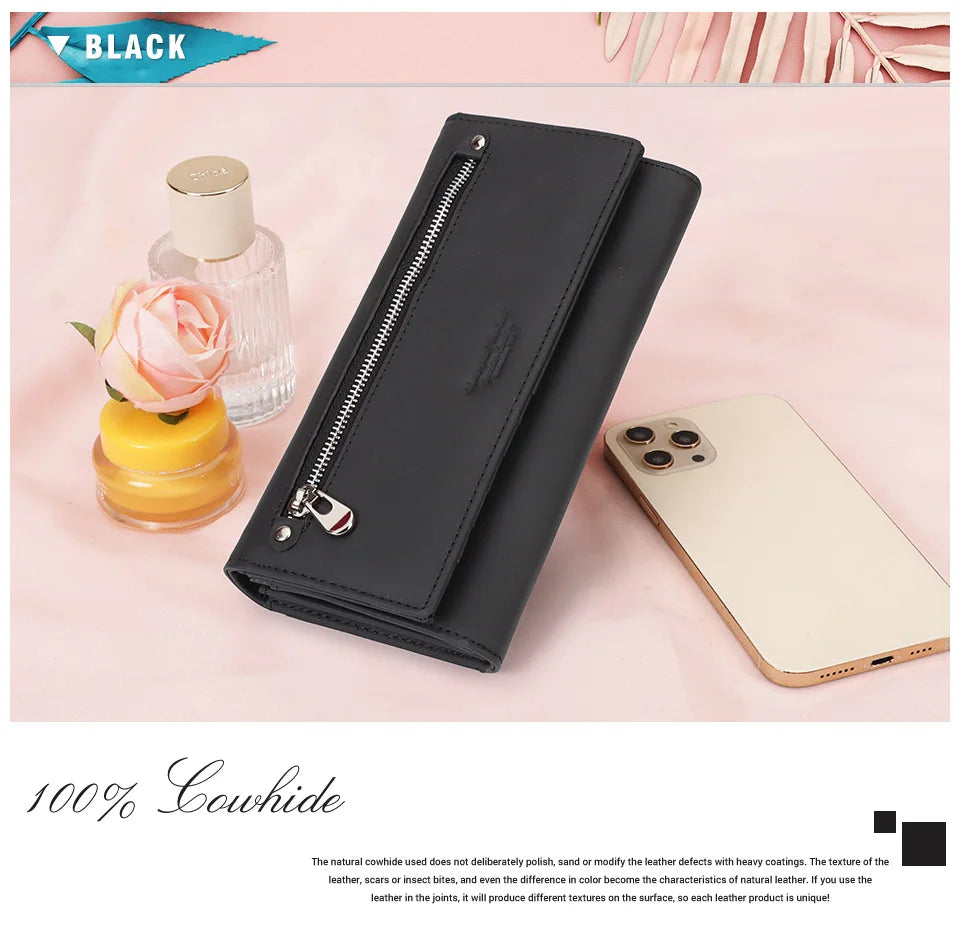 Portefeuille de luxe pour femme, en cuir véritable, avec emplacements pour cartes RFID, porte-monnaie multifonction