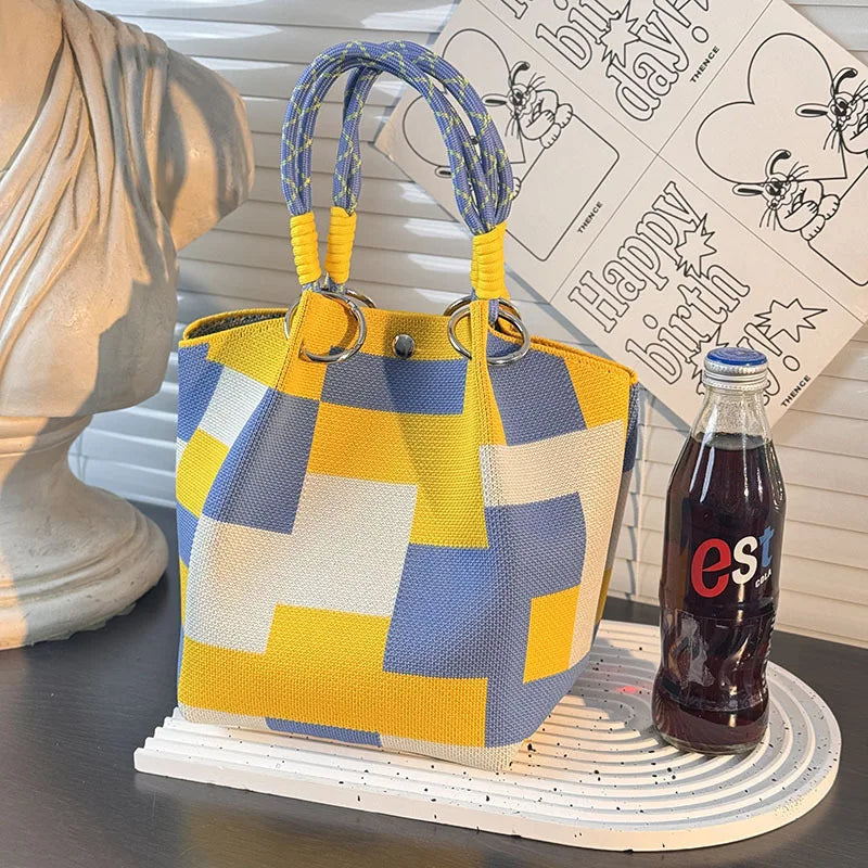 Metal Ring Handbag Fashionable Women'S Bucket Bag Knit Tote Bag Spacious Color Block Handbag For Leisure Travel Daily Commuting