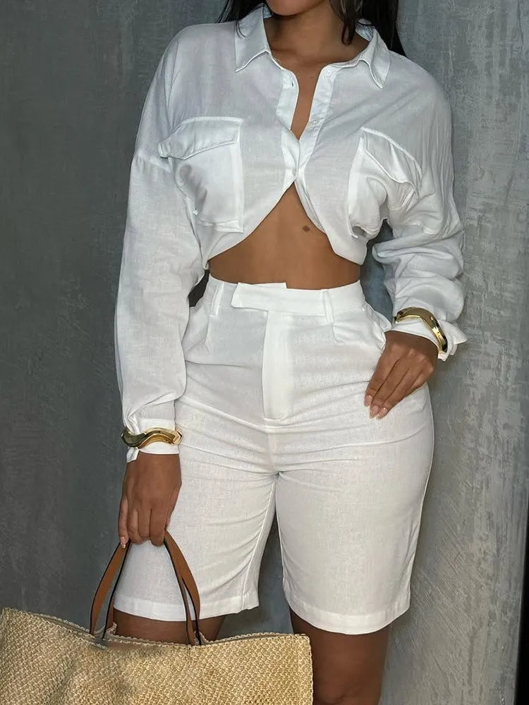 Women's Elegant Solid Long-sleeve Shirt Shorts Suit New Summer Fashion Elegant Casual Office Holiday Woman 2 Piece Set Outfit