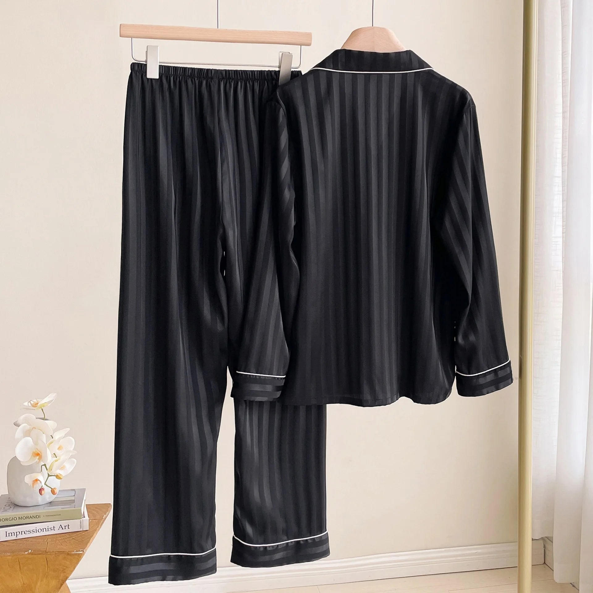 Women's Striped Pajamas Set Satin Long Sleeved Lapel Shirts Nightwear Sexy Lingerie Home Clothes Loose Sleepwear Loungewear