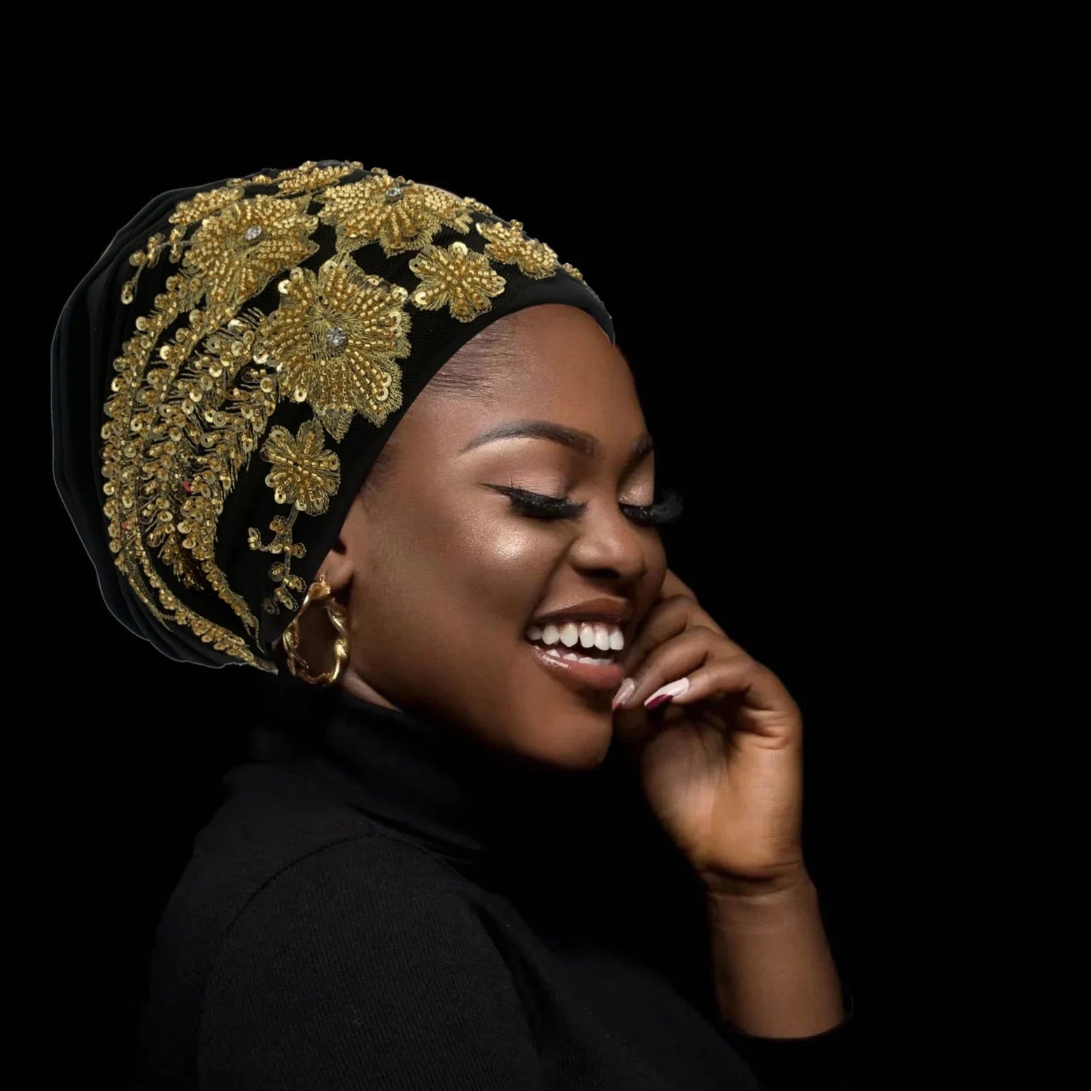 Gorro turbante plisado bordado de lujo con cuentas para mujer, gorro turbante africano para mujer, turbante musulmán, envolturas para la cabeza de mujer
