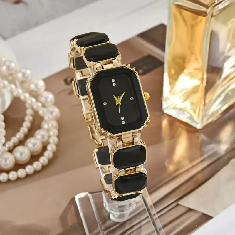 Nuevo reloj de pulsera rectangular retro brillante con diamantes de imitación para mujer, de lujo, color dorado, de acero inoxidable