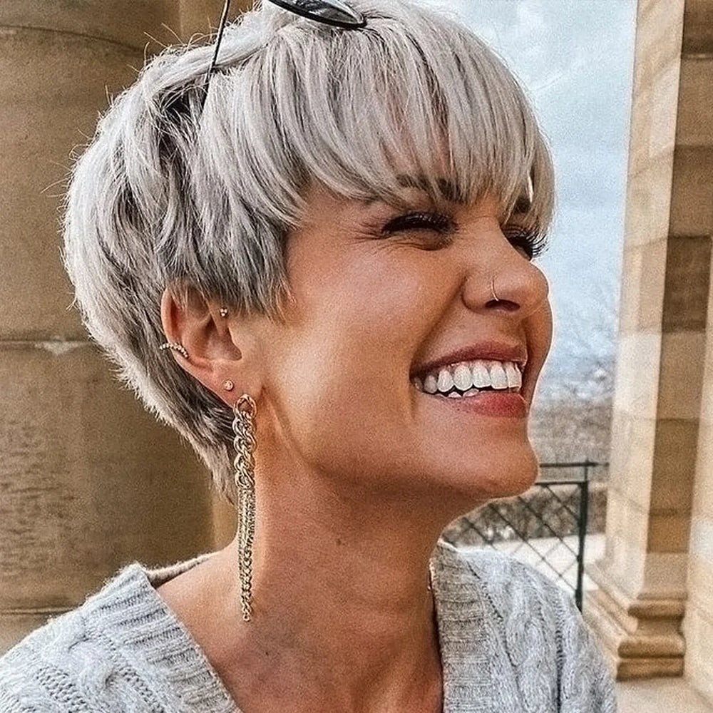 Pixie Cut Human Hair Wig Short Grey Layered Pixie Cut Curly Wigs With Bangs Natural Brazilian Human Hair Full Machine Made Wig