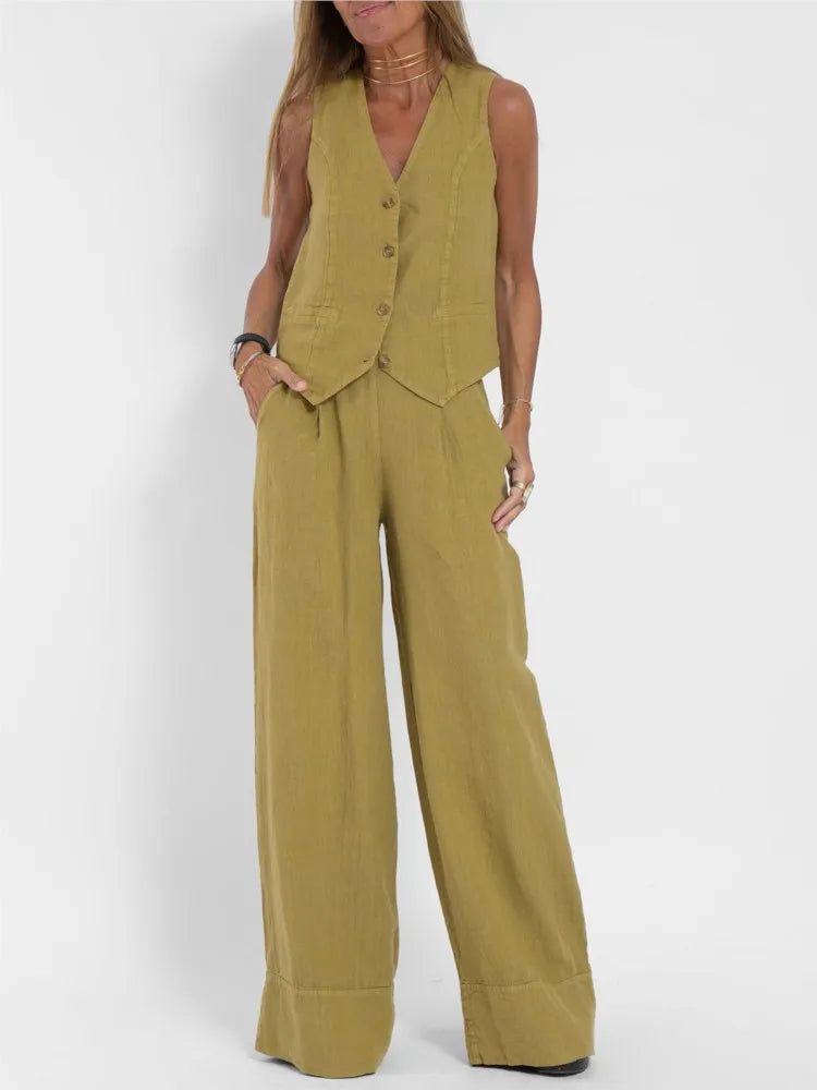 Conjuntos de chaleco y pantalón de moda para mujer, de algodón liso, traje informal, top sin mangas con botones de patchwork + pantalones, conjunto de 2 piezas para la oficina
