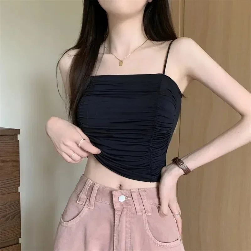 Camisetas sin mangas para mujer, tops sexys, tops de tubo para niñas con tirantes, camisola blanca para mujer, sujetadores acolchados, ropa de mujer, corsé.