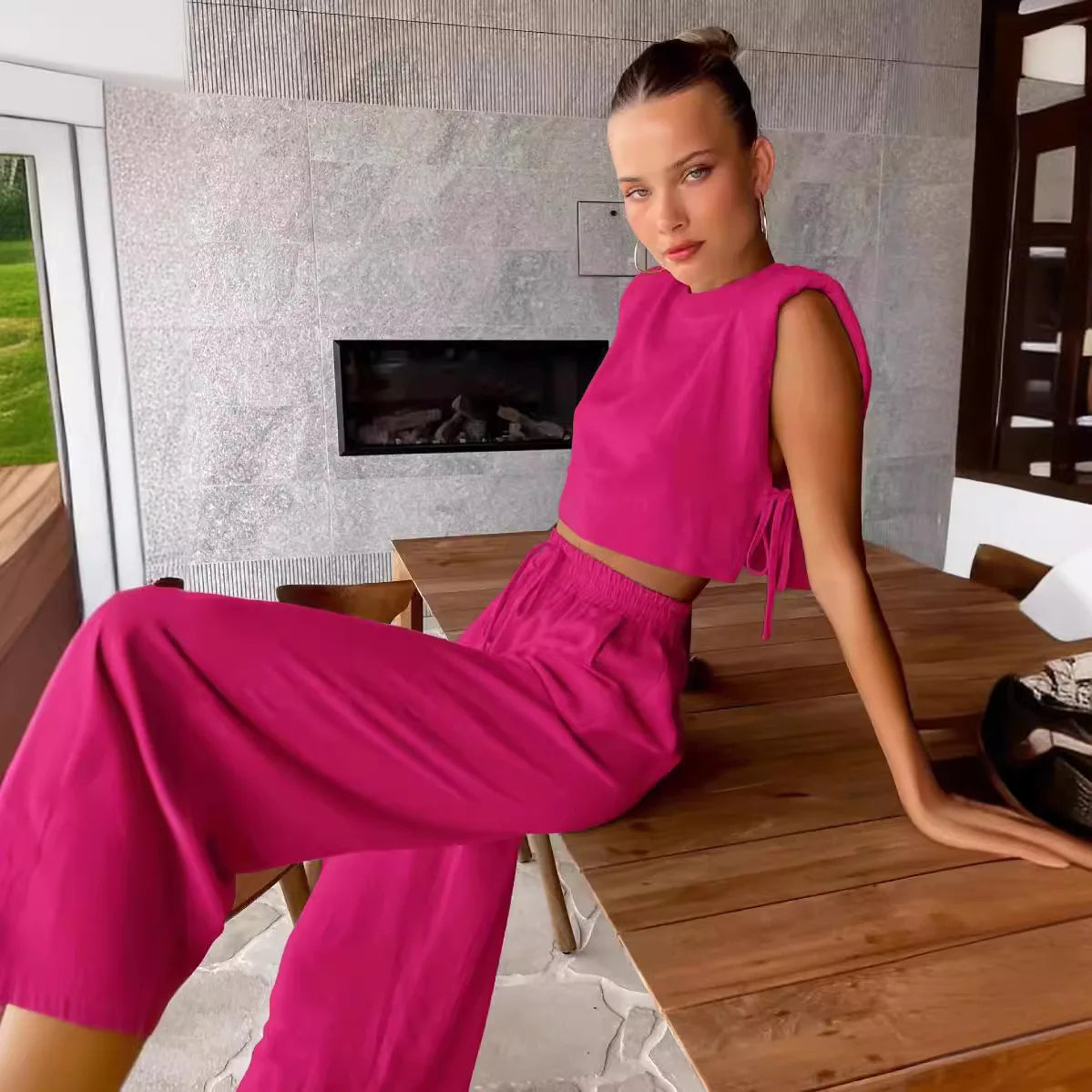 Cotton And Linen Pant Sets Women Sleeveless Leace-up Short Tops Drawstring Long Pants Two Piece Set Commuting 2025 Summer New