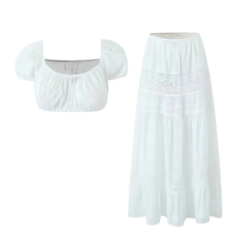 Conjunto de falda de encaje, vestido de verano para mujer, vacaciones en la playa, sexy, algodón, conjunto a juego, atuendos de primavera, blanco, 2 piezas, conjunto de vestidos de mujer 2025