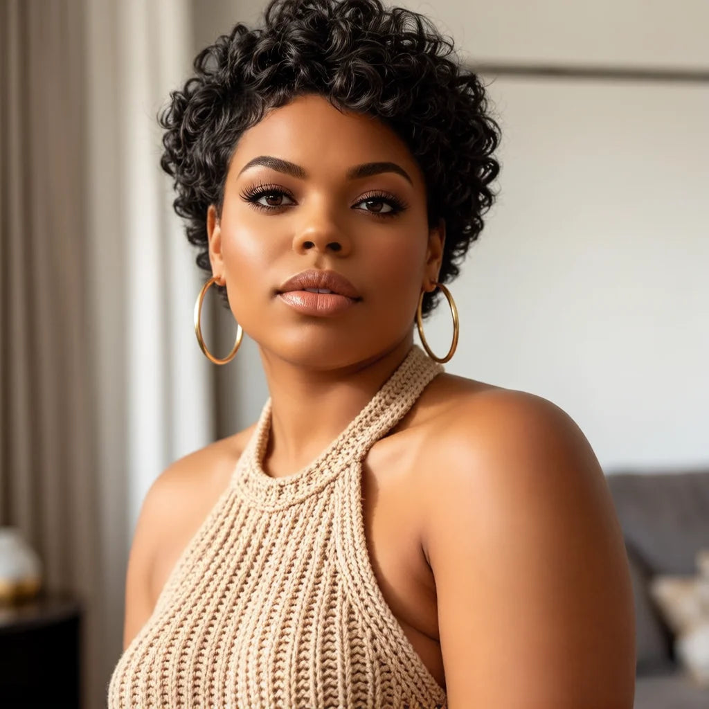 Short Pixie Human Hair Wigs for Fashion Women Full Machine Made Pixie Cut Wig Curly Human Hair Wigs with Bangs Natural Wavy Blac