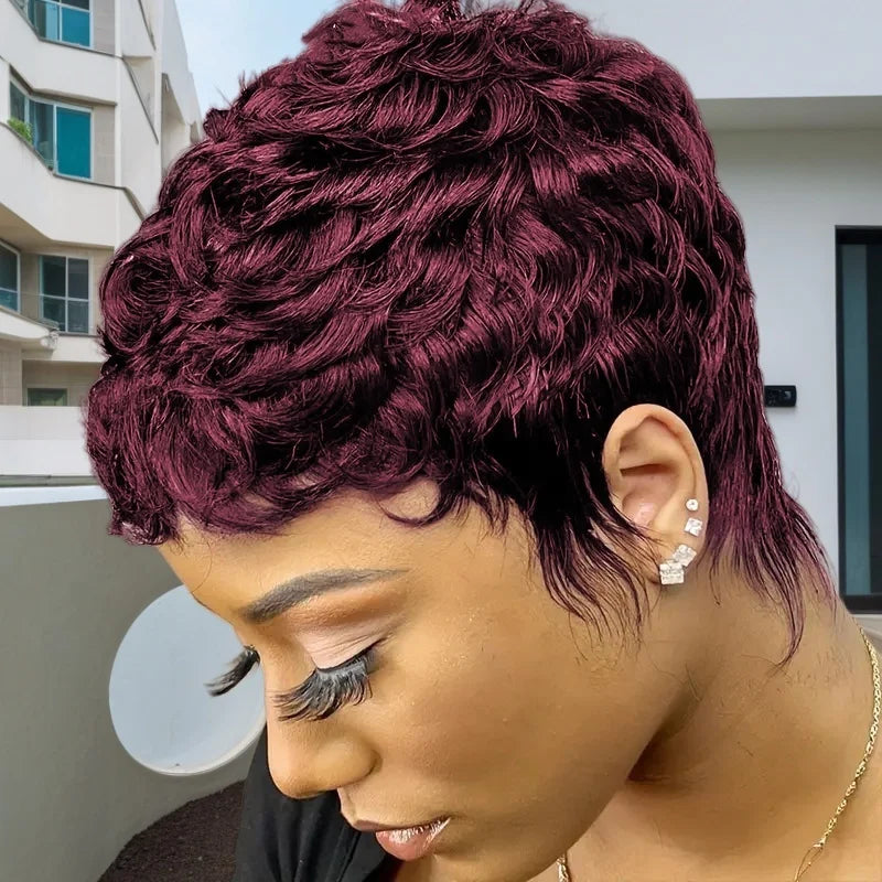 Corte pixie 99j color castaño 4 pulgadas 150 % densidad, pelucas de cabello humano liso y corto en capas hechas a máquina para mujer, uso diario, peluca Remy