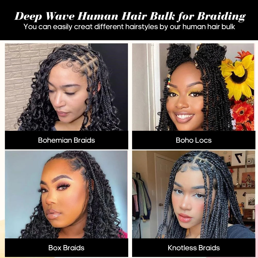 Deep Wave Bulk Human Hair for Braiding No Weft 100g (1 Pack-2 Bundles) Brazilian Virgin Human Hair Braiding Hair For BOHO Braids