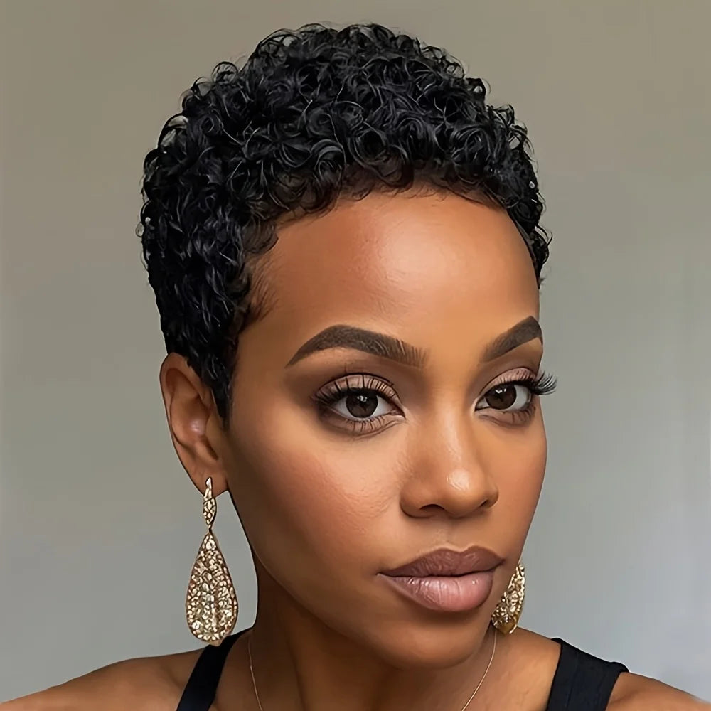 Perruque courte afro bouclée en cheveux humains