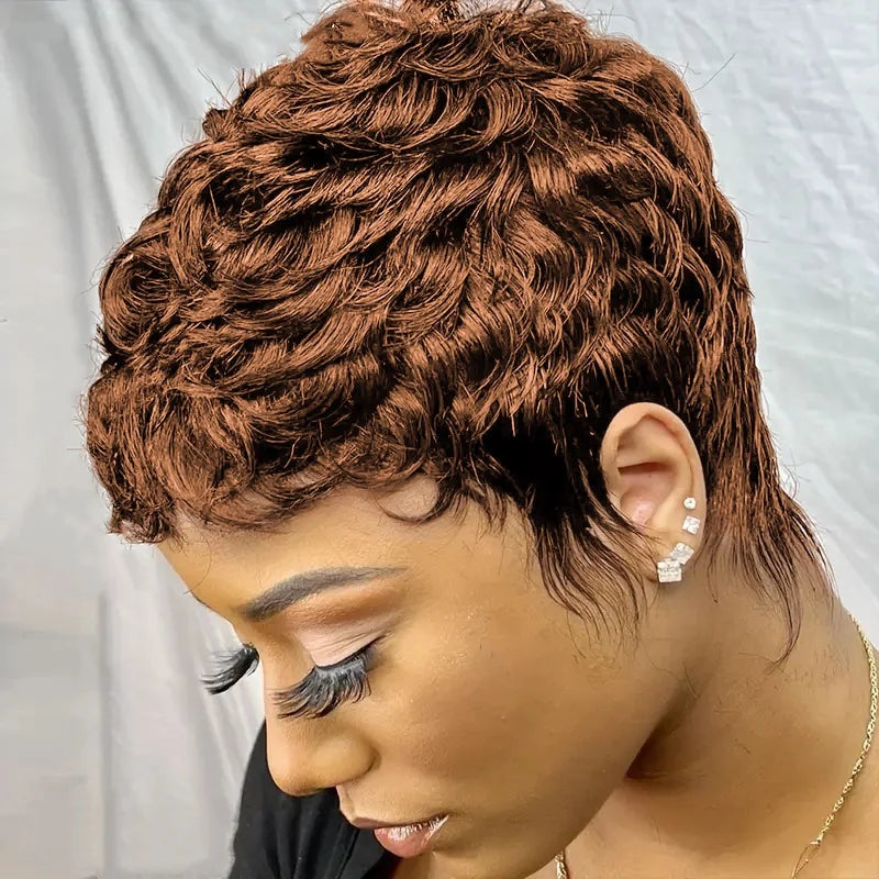 Corte pixie 99j color castaño 4 pulgadas 150 % densidad, pelucas de cabello humano liso y corto en capas hechas a máquina para mujer, uso diario, peluca Remy