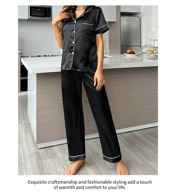 Conjuntos de pijama para mujer, otoño, manga corta, top con botones y pantalones, ropa de dormir de 2 piezas, conjunto de pijama con botones, ropa de casa, ropa de estar de satén