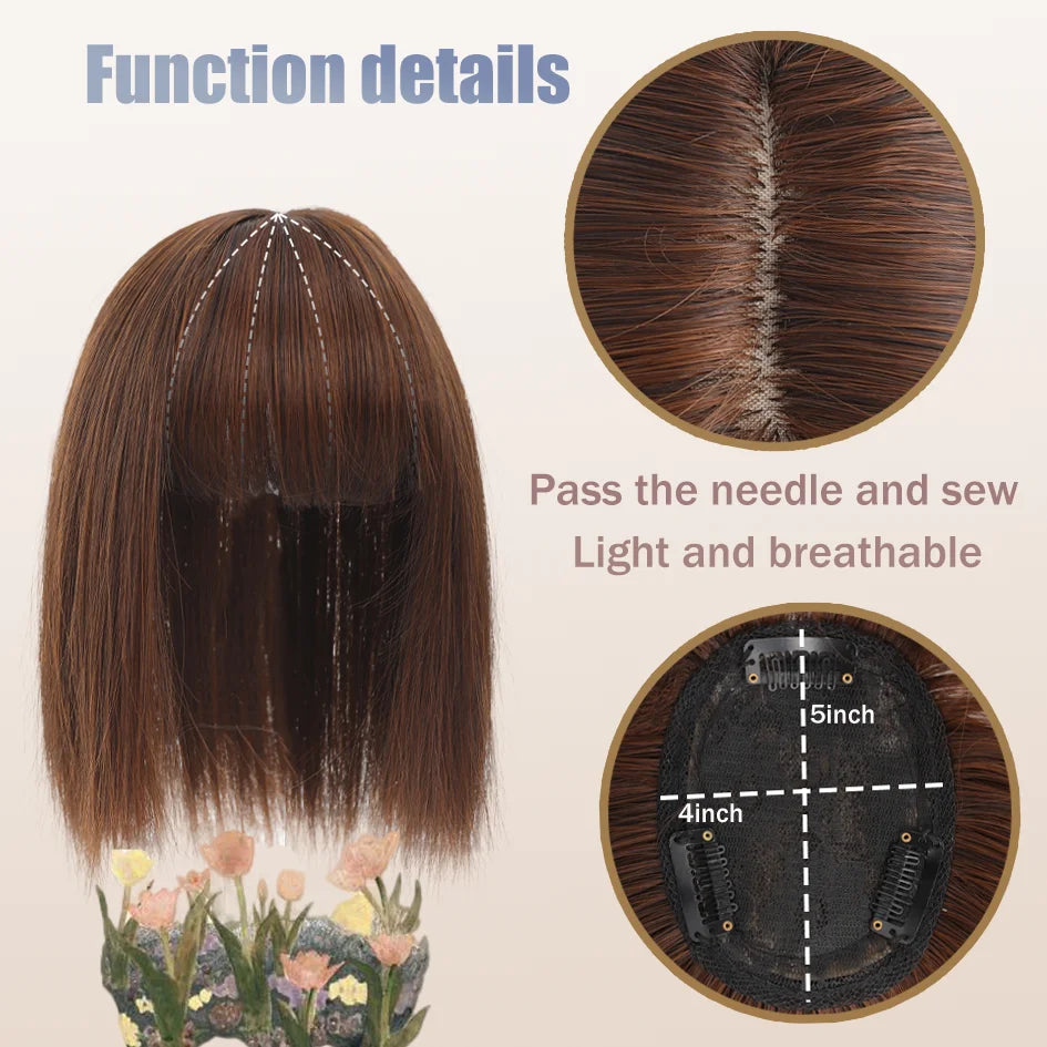 Syntetisk dameparykk med rett hår, 25 cm/30 cm pannelugg, topperstatning, tre kort, svart parykk/brun parykk/beige parykk/khaki parykk