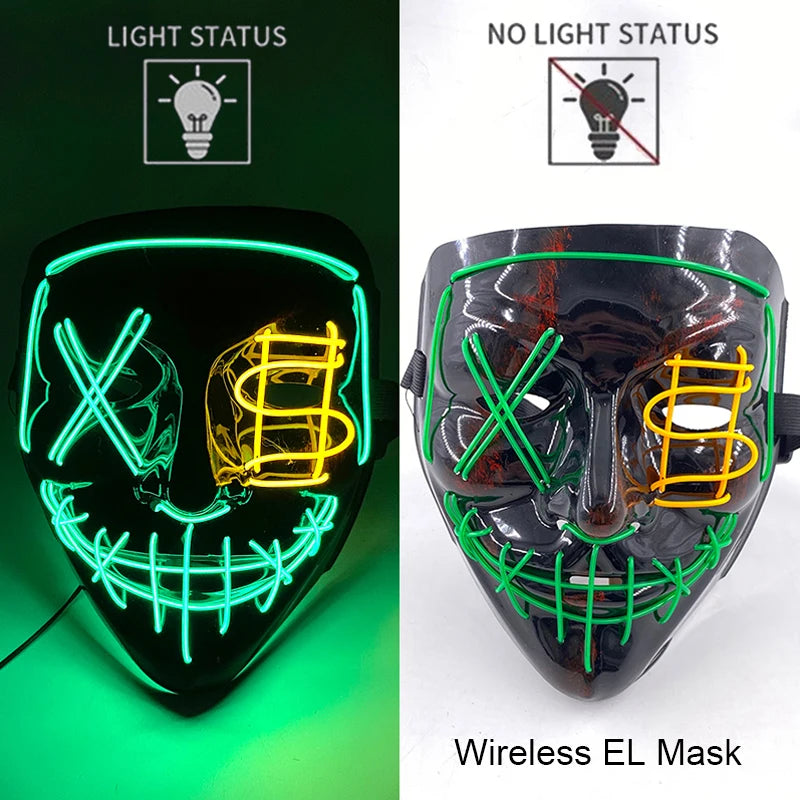 Máscara de purga LED de neón inalámbrica, que brilla en la oscuridad, máscara de cosplay de terror para Halloween, máscaras de fiesta de disfraces, accesorios luminosos divertidos