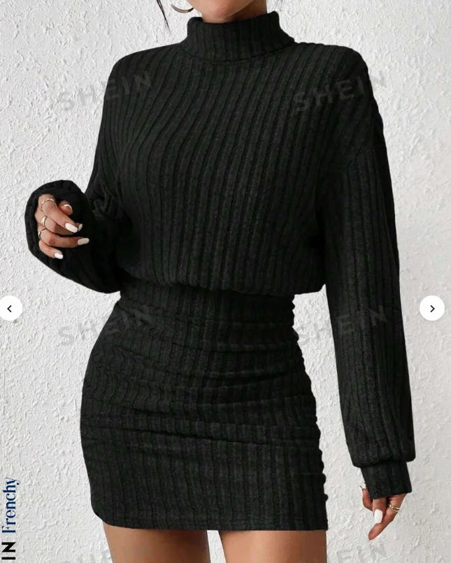 Vestido de punto de cuello alto para mujer, moda otoño invierno, informal, liso, suelto, de manga larga, cálido, de longitud media