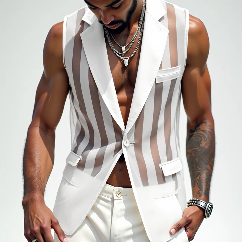 Men Vests Mesh Striped Transparent Sexy Lapel Sleeveless One Button Male Waistcoats Streetwear 2025 Fashion Casual Vests INCERUN