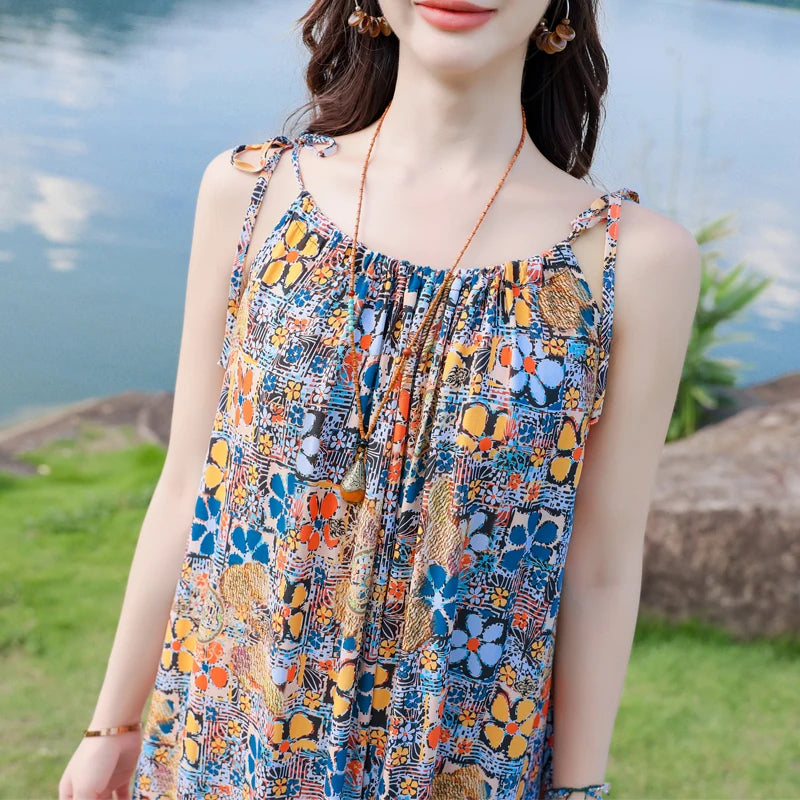 New Fashion Hot Summer Dresses For Women Casual Flower Print Floral Sleeveless Dress Vintage Dress Loose Women Clothing