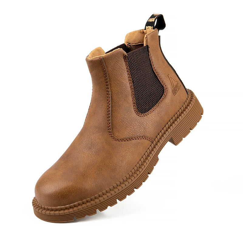 Zapatos de seguridad impermeables para hombre, botas de cuero con punta de acero, calzado masculino, botas de trabajo de construcción indestructibles, color marrón