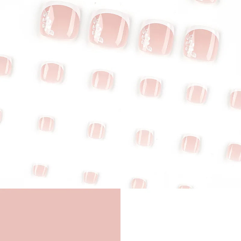 Flores Blancas Uñas Postizas Artificiales Francesas Nude Rosa Uñas Falsas para Pies con Pegamento Uñas Postizas Cortas Planas para Pies al por Mayor