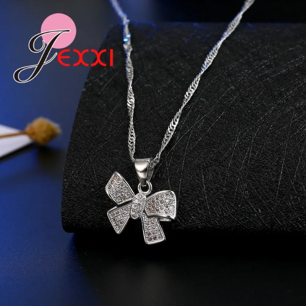 Conjuntos de joyas clásicos para mujer con lazo, circonitas y diamantes de imitación, pendientes de collar llamativo de plata de ley 925