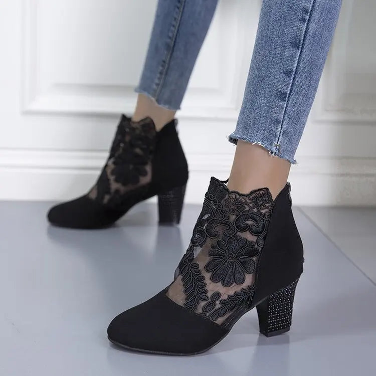 Zapatos de tacón de encaje para mujer, sandalias romanas de moda para mujer, zapatos de mujer transpirables, elegantes zapatos de tacón para mujer, nuevas sandalias de tacón de malla