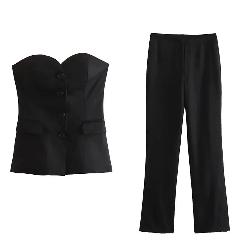 Traje de pantalón elegante sólido para mujer, tops sin tirantes sexy con botones delanteros + conjunto de pantalón con aberturas laterales, moda urbana femenina