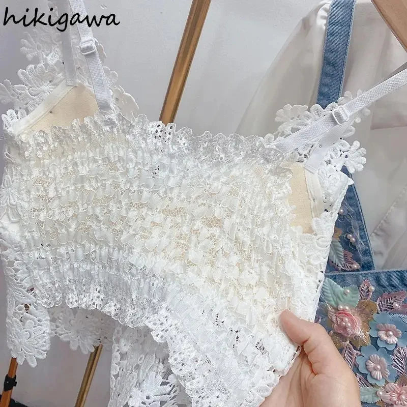 Ropa de mujer, top corto sexy con abalorios pesados y estampado floral, top de encaje de mariposa, top corto que deja el ombligo al descubierto, camiseta de tirantes de verano.