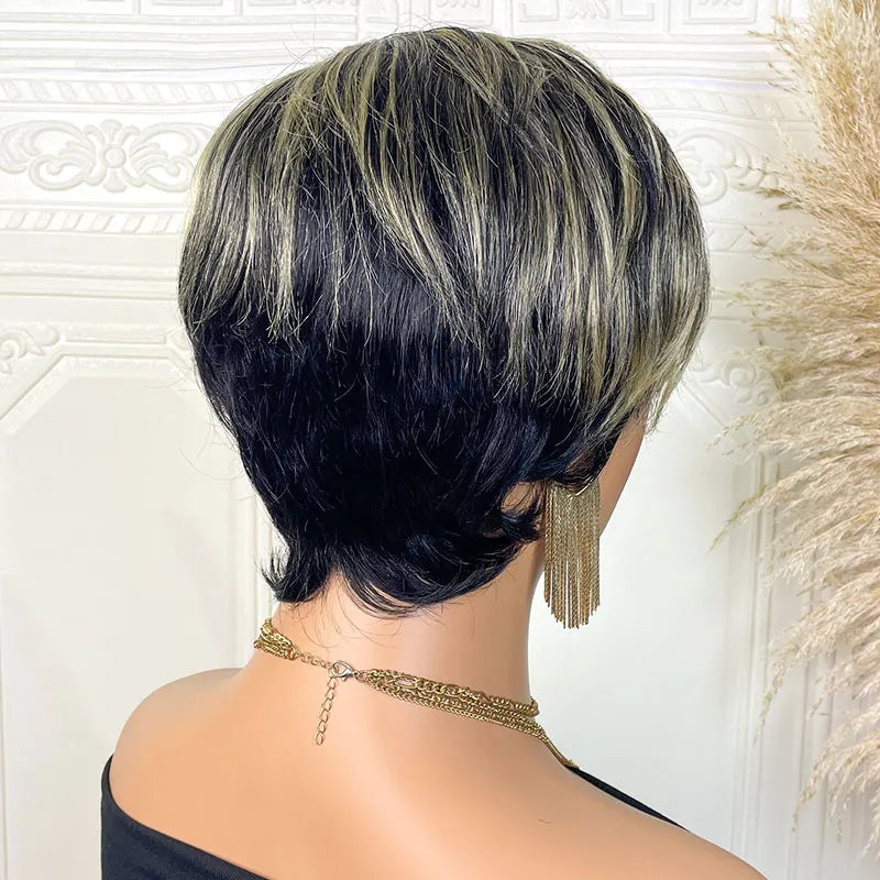 Short Straight Human Hair Wigs Highlight Color Brazilian Remy Hair Pixie Cut Wig Cheap Human Hair Machine Wig For Black Women