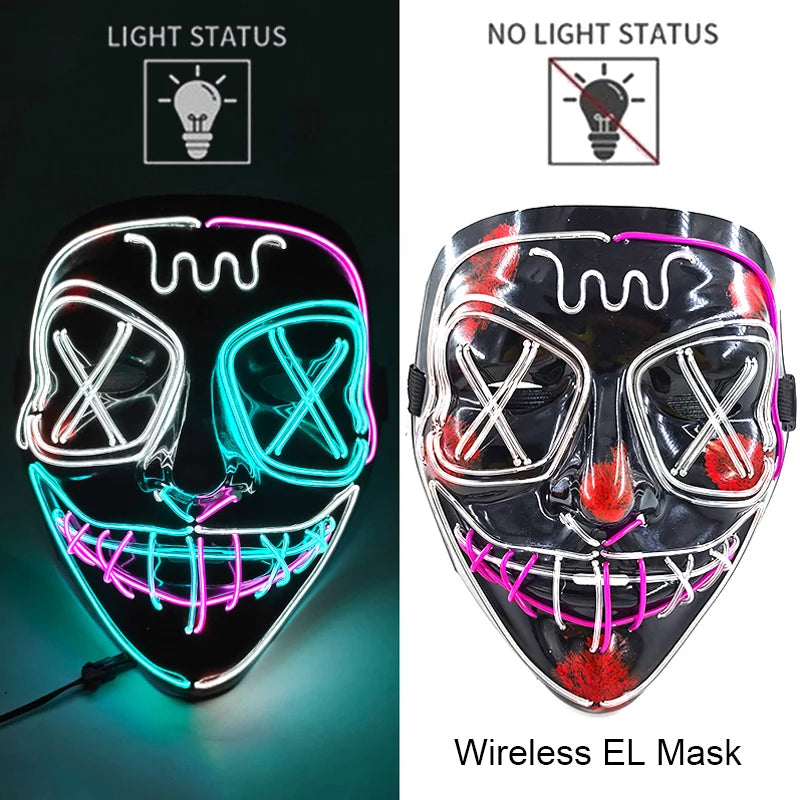 Máscara de purga LED de neón inalámbrica, que brilla en la oscuridad, máscara de cosplay de terror para Halloween, máscaras de fiesta de disfraces, accesorios luminosos divertidos