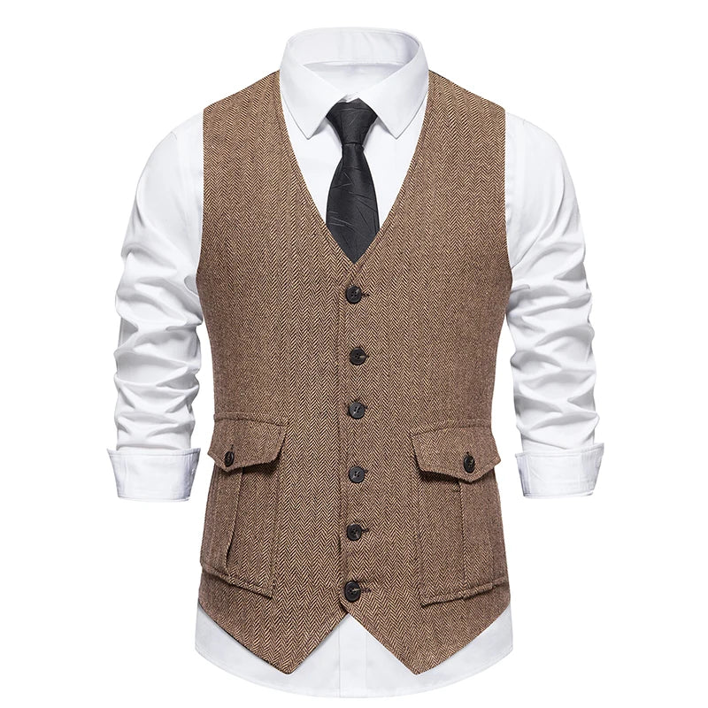 Chaleco de Traje de Hombre de Espiga Chaleco de Negocios Boda Casual Cuello Vuelto Chalecos de Vestir para Hombres Fiesta Formal V07