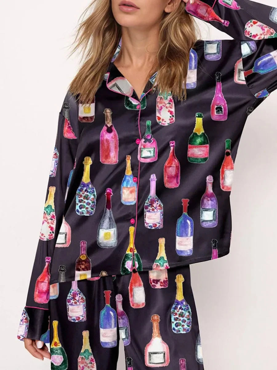 Conjuntos de pijamas de satén para mujer, 2 piezas, botella de champán, copas de vino, camisa de manga larga con botones, pantalones, ropa de satén de seda para estar en casa