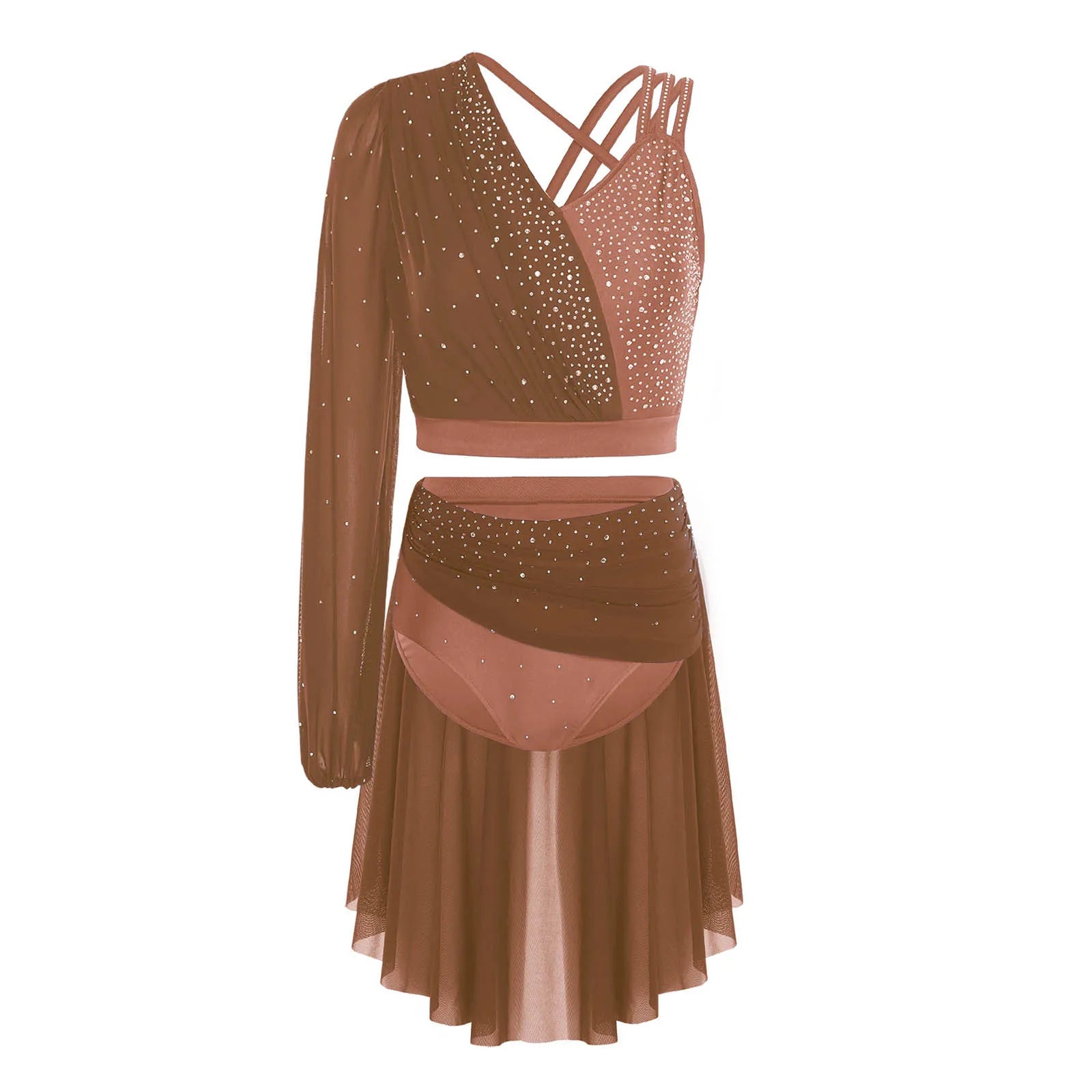 Modern Ballet Dance Set for Women Mesh Top with Skirted Briefs 2 Piece Lyrical Outfits Ballerina Girls Stage Performance Costume