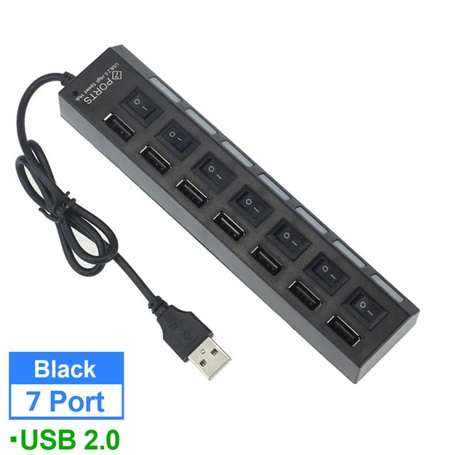 HUB USB de 7 puertos con interruptor USB, adaptador divisor USB de alta velocidad, HUB múltiple USB2.0 con interruptor de encendido/apagado para computadora portátil