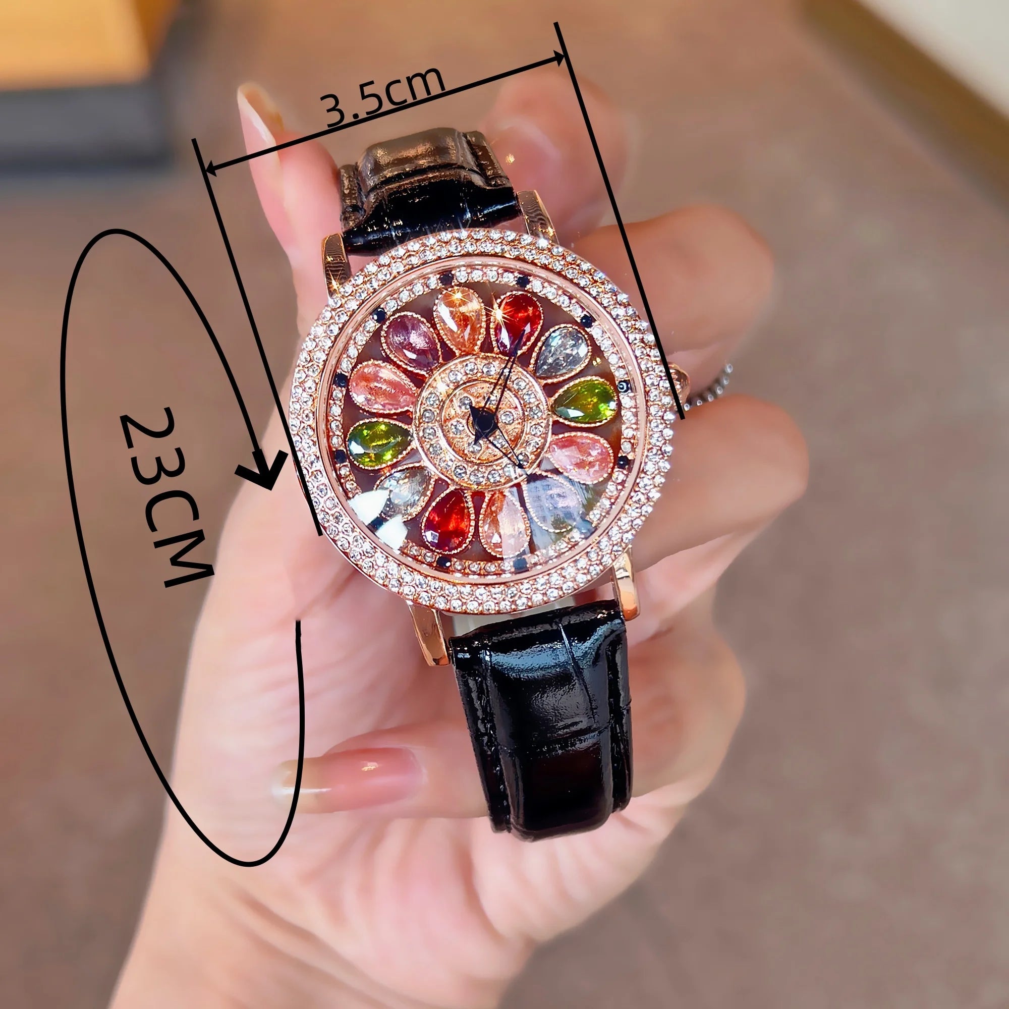 1 reloj de cuarzo deslumbrante y de moda para mujer con incrustaciones de diamantes de imitación coloridos, con una atractiva esfera giratoria, duradero